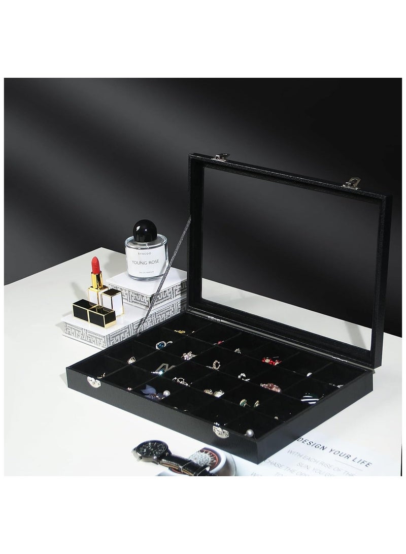 سوفام صندوق مجوهرات صندوق منظّم المجوهرات، صندوق منظّم أسود مخملي 24 شبكة مجوهرات القرط الدائري حقيبة عرض، معرض منظّم، مع غطاء زجاجي شفاف للدرج المنزلي أو متجر البيع - Image 3